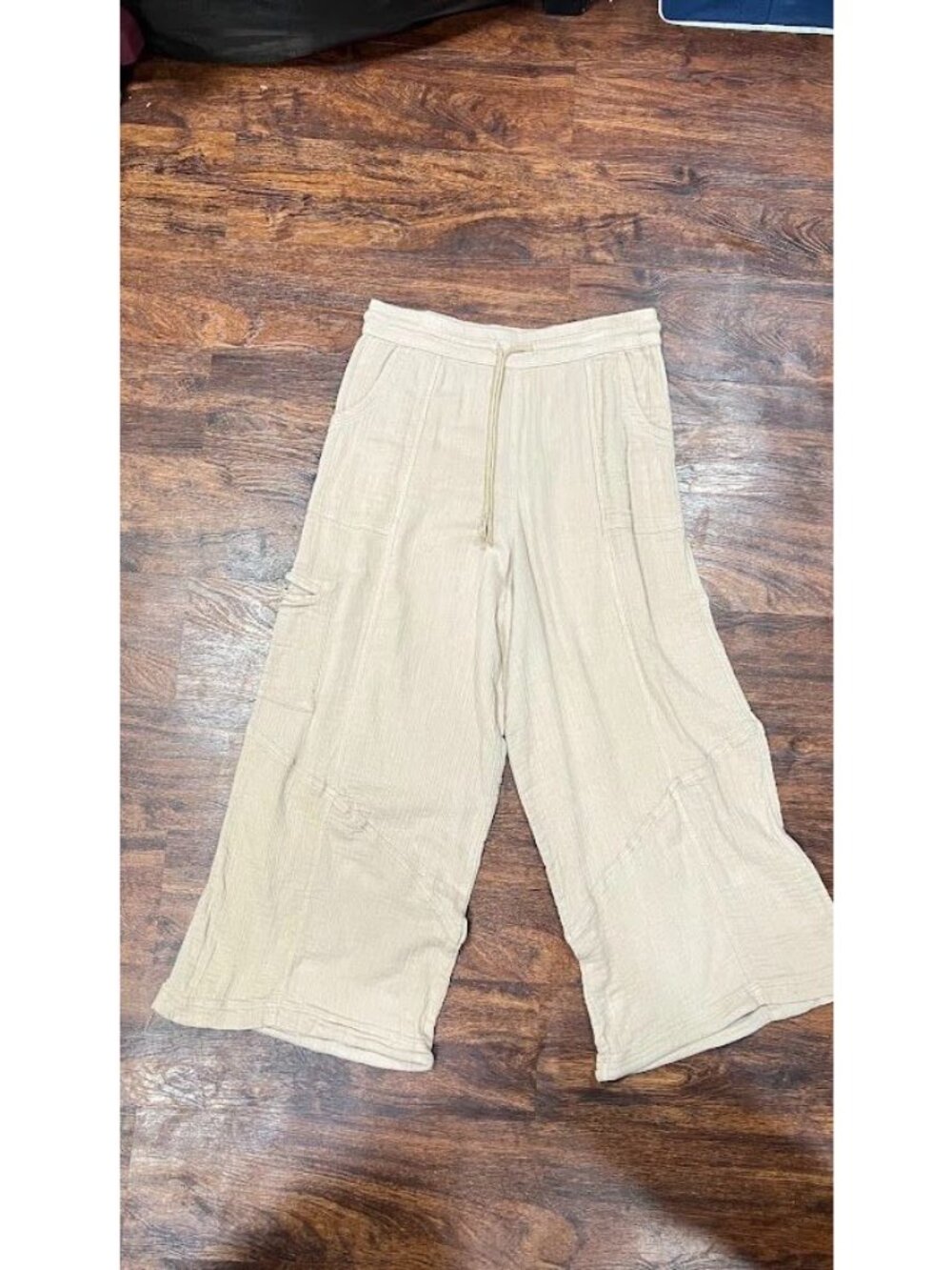 Super Star Pants Size L Beige Cotton Cargo Gauzy Boho Pants Relaxed Fit Cropped - Picture 2 of 8